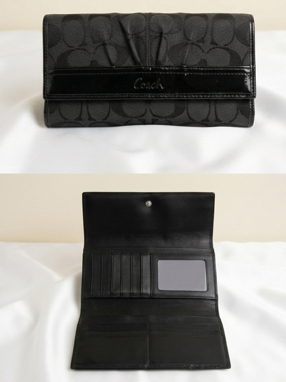 Coach Signature C Jacquard Leather TriFold Wallet Black Clutch Card Case Canvas